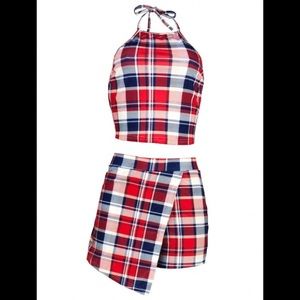 Sweet Plaid Asymmetrical Wrap Red Cami Crop Top & Wrap Skort Summer Outfit